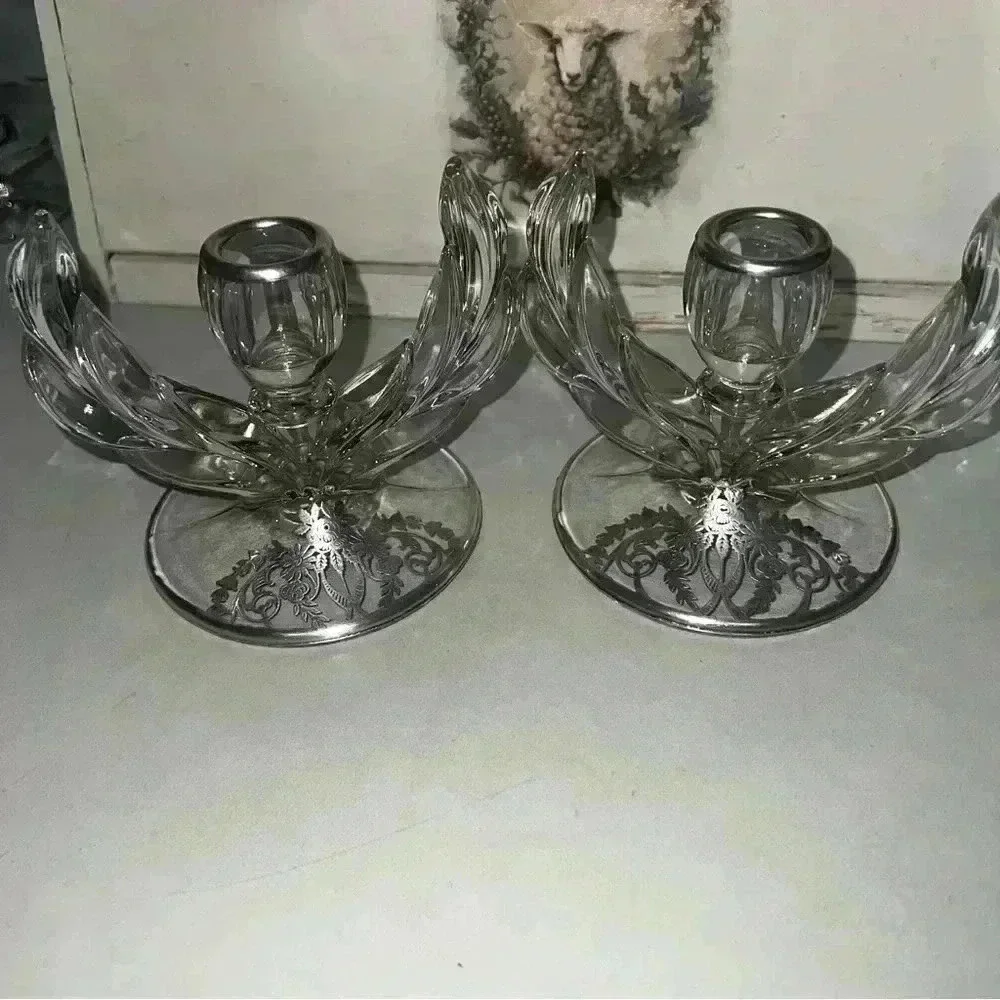 Vintage elegant art deco silver overlay glass candle holders